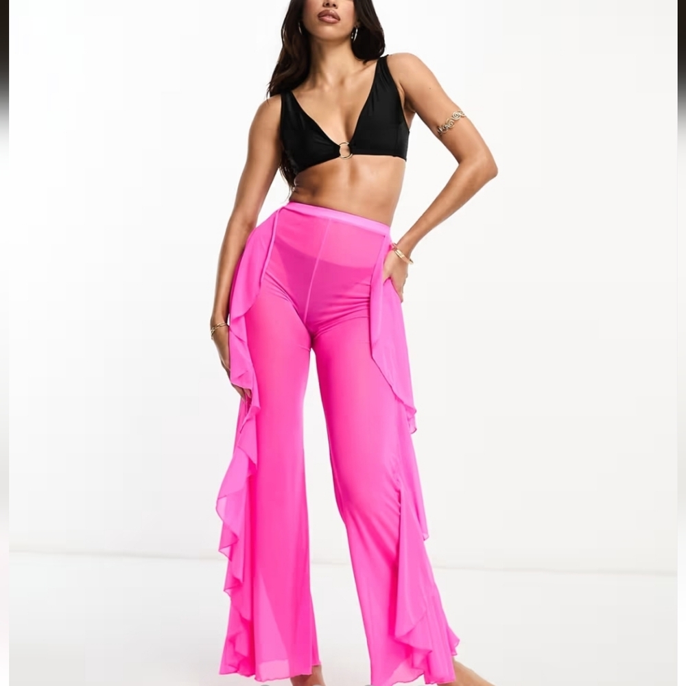 Ruffle Mesh Beach Pants in Neon Pink - NWOT